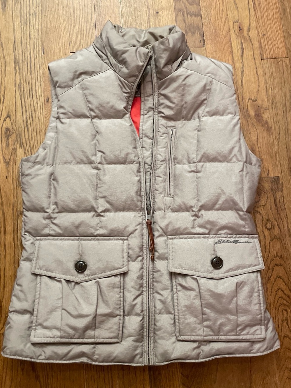 Eddie Bauer Beige Puffer Vest with lots of pockets, size small